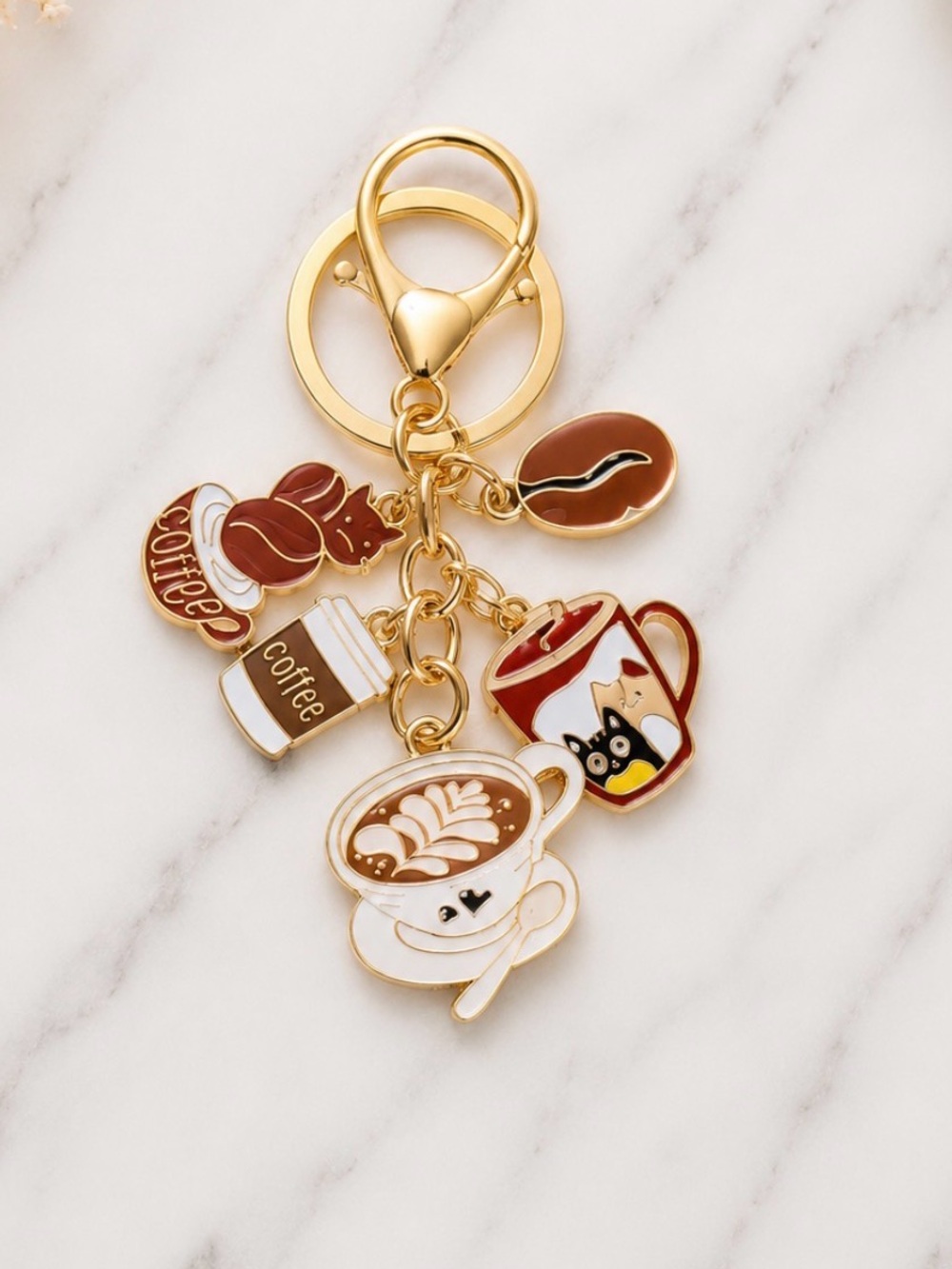 Gold-Tone Coffee Charm Keychain - White & Brown Coffee Cup Charms